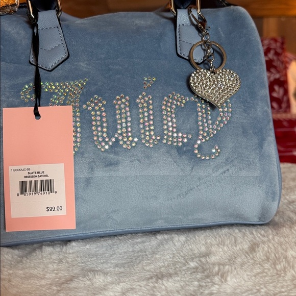 Juicy Couture Handbags - Juicy Couture Light Blue Velvet Satchel Bag with a gold purse charm.. NWT)